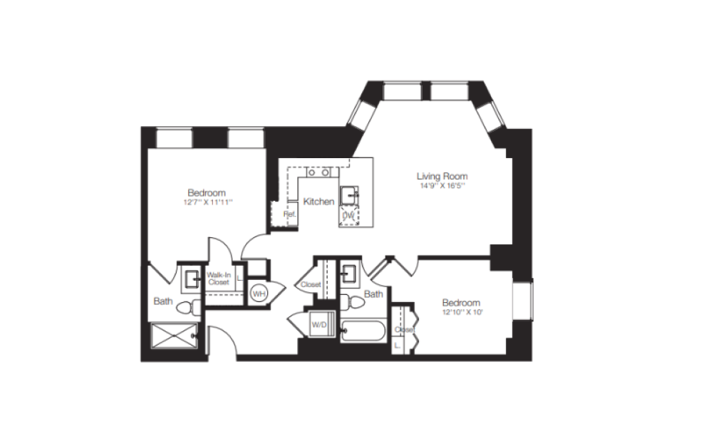 B - 2 bedroom floorplan layout with 2 baths and 1066 square feet.