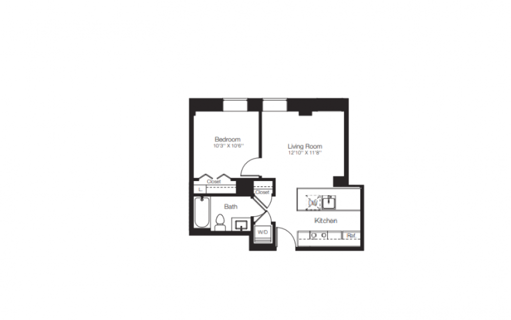 GG1 - 1 bedroom floorplan layout with 1 bath and 566 square feet.