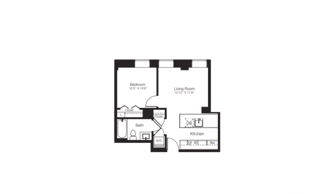 GG2 - 1 bedroom floorplan layout with 1 bath and 578 square feet.